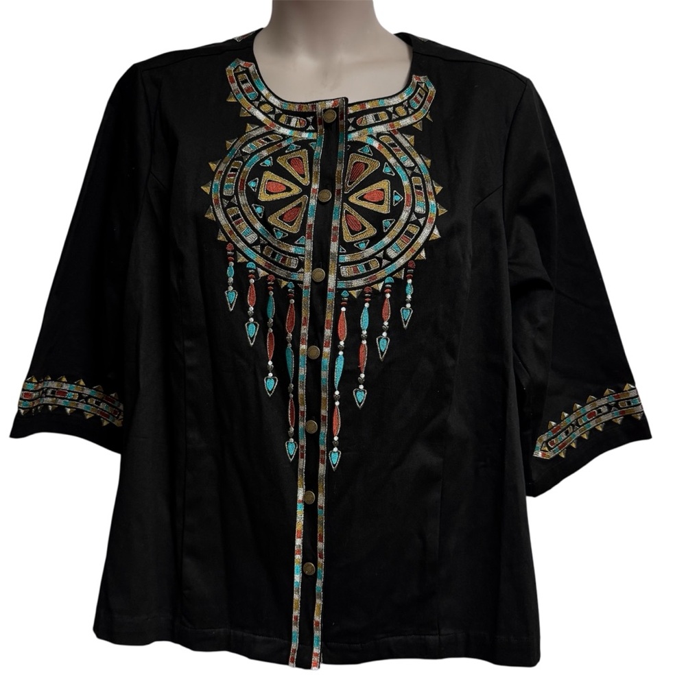 Bob Mackie Black Jacket Size 2X Wearable Art Embroidered 3/4 Sleeve SOUTHWEST
